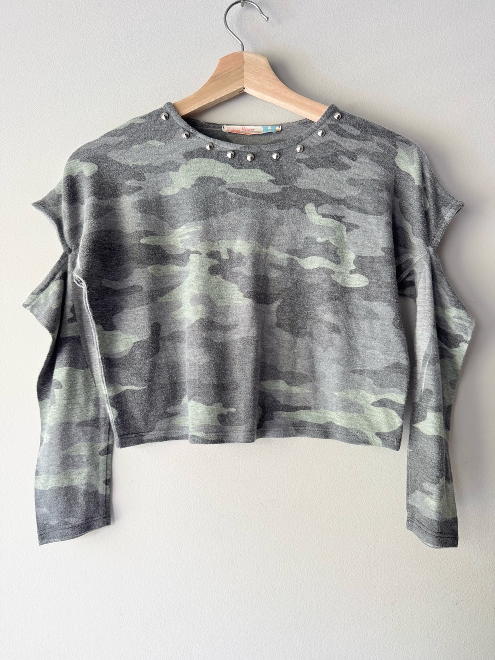 Vintage Havana Camo Studded Cropped Long Sleeve Top